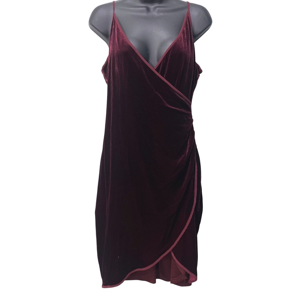 Adelyn Rae Dress Women L Burgundy Silk Blend Velvet‎ Faux Wrap Ruched FD3316L